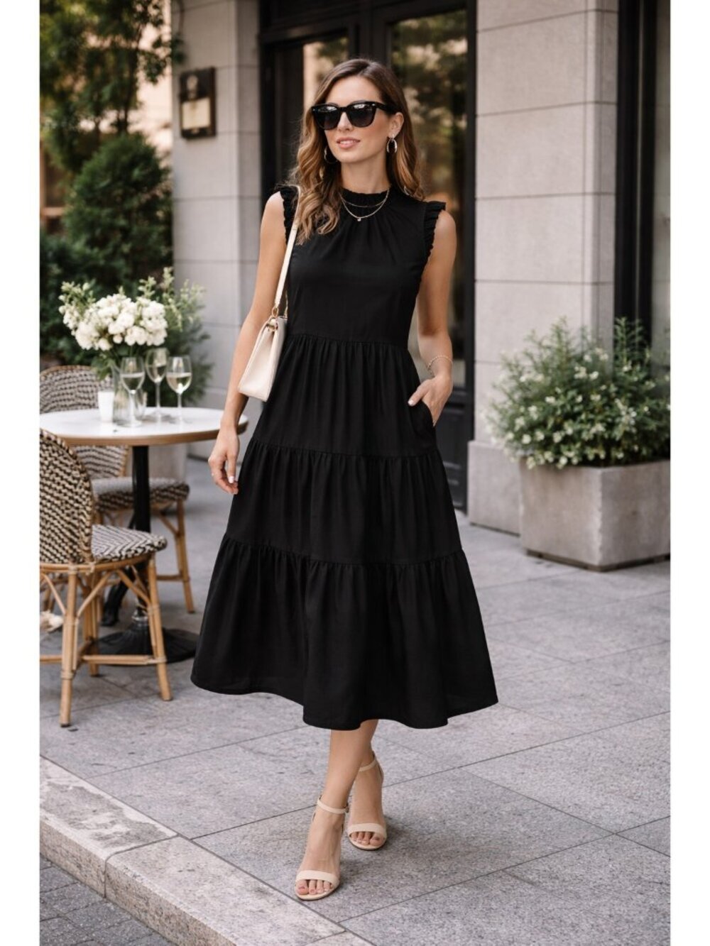 J.Crew Black Tiered Ruffle Midi Dress Women’s 2 Cotton Stretch Sleeveless Elegan